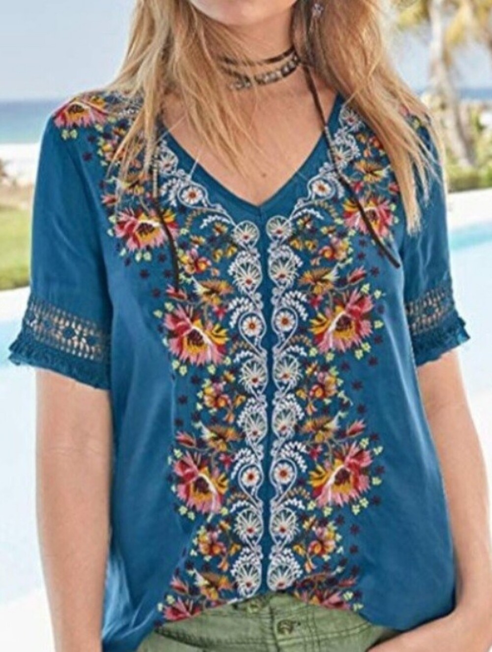 Sundance Navy Embroidered V-Neck Tunic with Multicolor Floral Detail